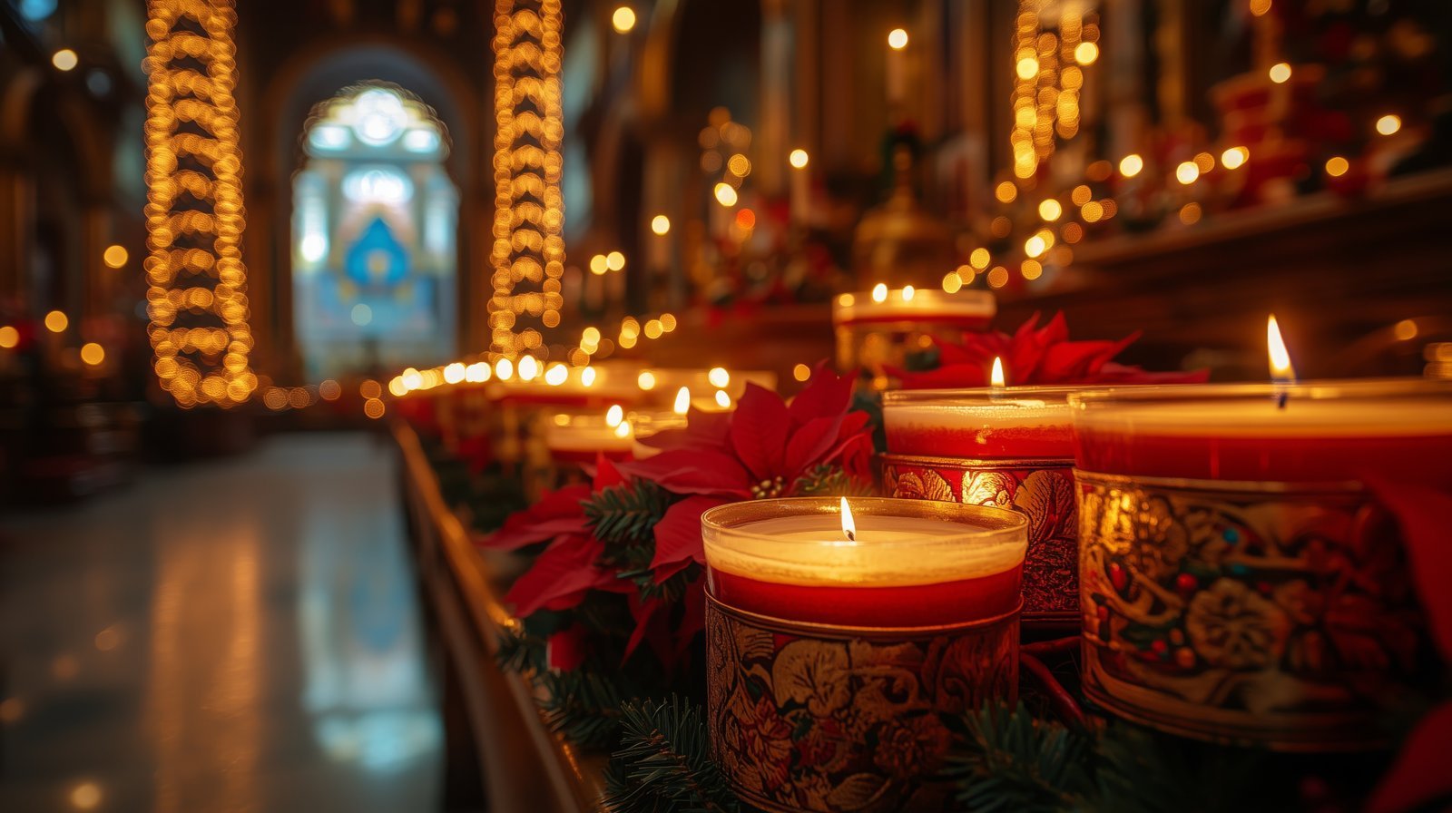 Church interior with candles, golden decorations, and religious atmosphere