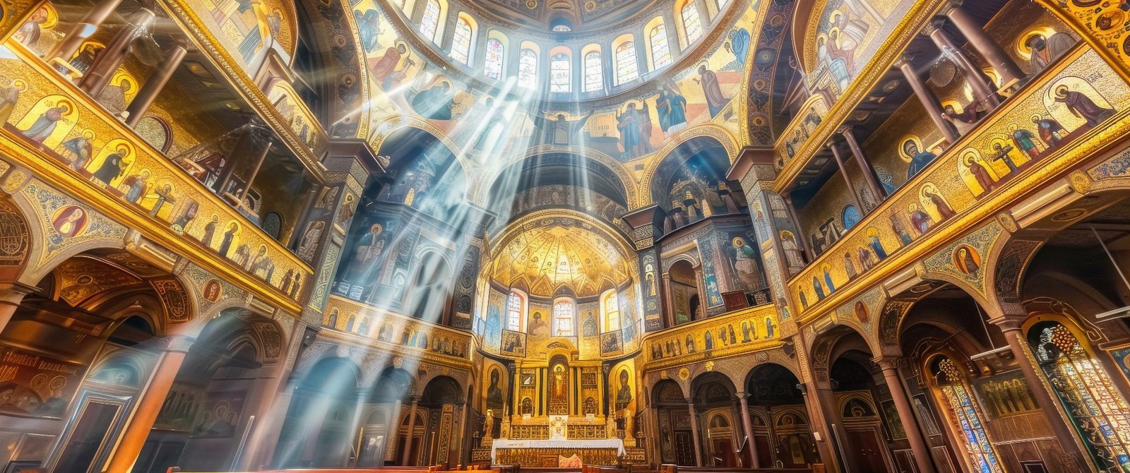 Orthodox church interior with golden dome, light rays, and religious iconography