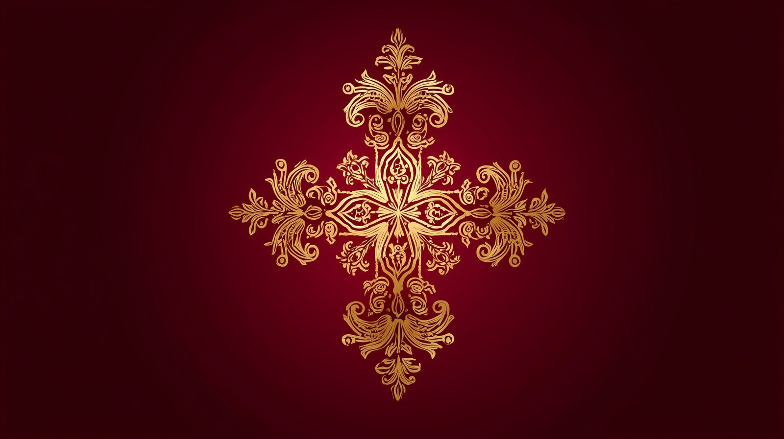 Gold ornate cross on deep red background
